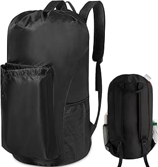 Polecasa Extra Heavy Duty Large Backpack Laundry Bag with Comfortable Padded Shoulder Straps & 4 Pockets, Drawstring bag for Dorm, College, Travel, Black