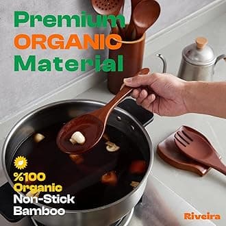 Riveira Set of 6 Premium Brown Bamboo Cooking Utensils - Bamboo Utensils for Cooking - Non-Toxic Kitchen Set - Wooden Kitchen Utensils for Non-Stick Cookware