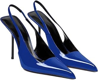 Women's Slingback Stiletto High Heels Pointed Toe Slip On Pumps Shoes Patent Leather Stretch Strap Backless Dress Heels