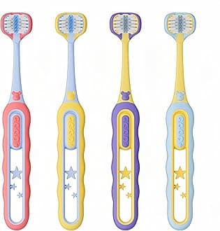 EASICUTI Soft Toddler Toothbrushes, 3-Sided with Built-in Tongue Scraper, Ultra-Soft Bristles, Non-Slip Handle, 4 Pack (Pink, Yellow, Blue, Purple)