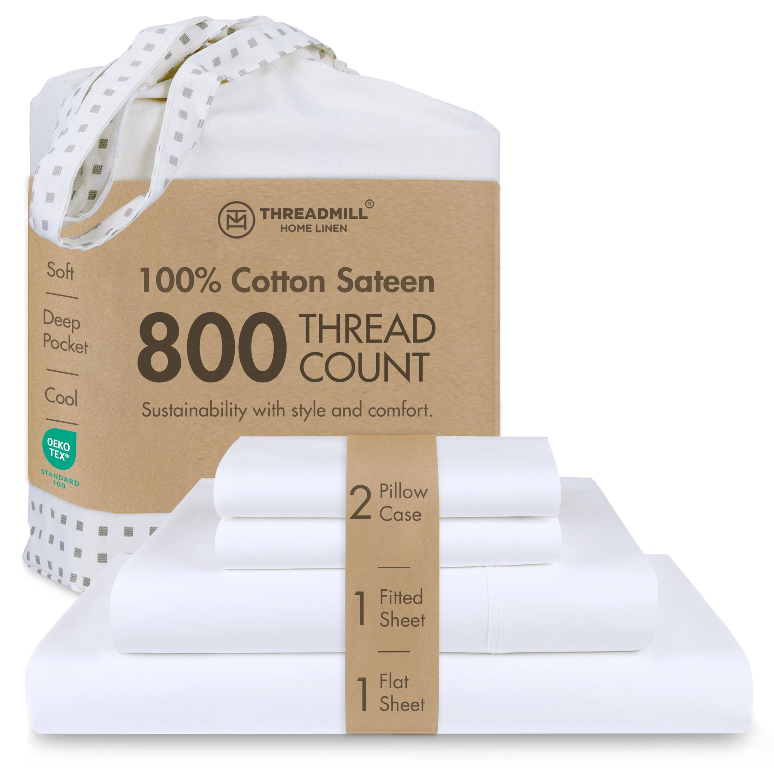 Threadmill Luxury Queen Sheet Set 800 Thread Count for Queen Size Bed - Hotel White Sateen Queen Bed Sheets, Better Than Egyptian Cotton,4 Pc Solid Soft Breathable Bed Set, Fits 16" Deep Pocket