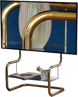 zeitgeist TV Stand Modern Minimalist Glass Shelf Floor Stand Metal up to 65 inch for Living Room Corner Height Adjustable Mount w/HDMI, Antenna, Power Cable pre-Installed Brass Gold