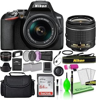 D3500 24.2MP DSLR Digital Camera with AF-P DX 18-55mm Lens (1590) Deluxe Bundle -Includes- Sandisk 64GB SD Card + Large Camera Bag + Filter Kit + Spare Battery + Telephoto Lens + More