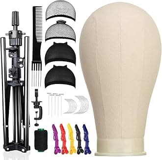23 Inch Canvas Block Wig Head, 47 Inch Wig Stand Tripod with Head, Mannequin Head for Wigs Display with Wig Caps, T C Pins Brush