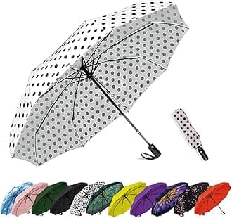 SIEPASA Windproof Travel Compact Umbrella-Automatic Umbrellas for Rain- Small Portable Windproof Umbrellas for Men Women Teenage. (White Polka Dots)