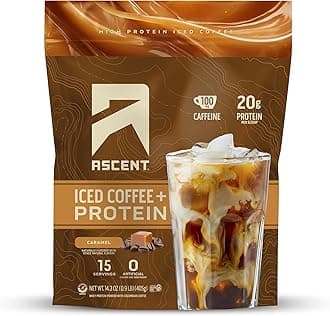 Ascent Caramel Iced Coffee Protein Powder - High Protein Powder, 20 g Protein & 100 mg Caffeine from Premium Colombian Coffee, Zero Artificial Flavors & Sweeteners - 15 Servings
