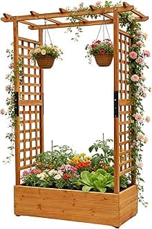 Raised Garden Bed Wooden Patio Planter with Trellis Outdoor Climbing Cucumber Box Pots Tomato Flower Vegetable Herb Porch, Tall Hanging Roof, Orange, 42.5" L x 17.3" W x 66.1" H