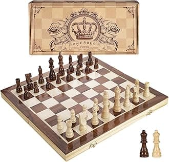 15 Inches Magnetic Wooden Chess Set - 2 Extra Queens - Folding Board - Pieces Storage Slots, Handmade Portable Travel Chess Game - Beginner Chess Set for Kids, 6 up Age