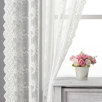 Kotile Lace Cafe Curtains 45 Inch Length for Kitchen Window, Embroidered Vine Floral Vintage Short Lace Curtains 2 Panels for Small Window, Rod Pocket Privacy Sheer Lace Curtains, 52 x 45 Inch, Ivory