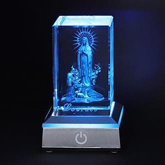 KOMI 3D Crystal Figurine Statue with LED Light Base, Laser Engraved Our Lady of Lourdes Statues Praying Blessed Virgin Mother Mary Figure Catholic Religious Home Decor
