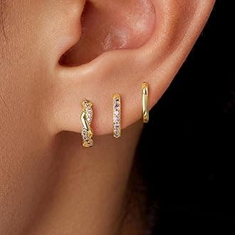 Inerney 14K Gold Plated Huggie Hoop Earrings for Women, Small Sterling Silver Earring Set Hypoallergenic Cartilage Helix Stacks, Mini Dainty Cute Trendy Birthstone Jewelry Gift for Multiple Piercings