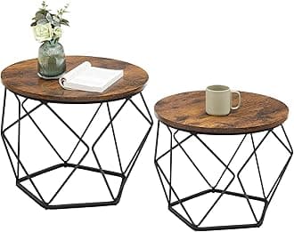 VASAGLE ULCT041K01 Small Coffee Table Round with Steel Frame Auxiliary Table for Living Room Bedroom Office Rustic Brown and Black Ink