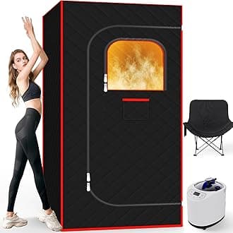 AgiiMan Portable Sauna Box - Home Steam Sauna, 3L Steamer, Folding Chair, Remote Control, Red, 2.6'x 2.6' x 5.9'