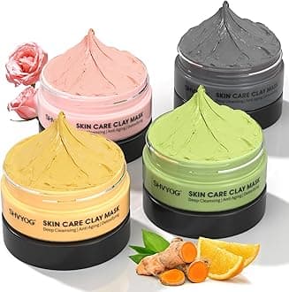 SHVYOG 4Pcs Face Mask Set - Turmeric Clay Mask, Vitamin C, Green Tea, Rose, Dead Sea Mud Mask, Skin Care Mask for Deep Cleansing, Refining Pores, Valentine's Day Gifts for Women- 240g