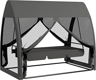 Outsunny 3 Seater Swing Chair 2 in 1 Garden Swing Seat Bed Convertible Outdoor Rocking Bench Bed with Water-Resistant Roof, Zipped Door and Mosquito Netting, Grey
