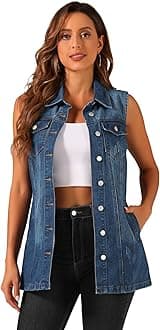 Women's Denim Vest Sleeveless Button Down Waistcoat Casual Long Jean Vests