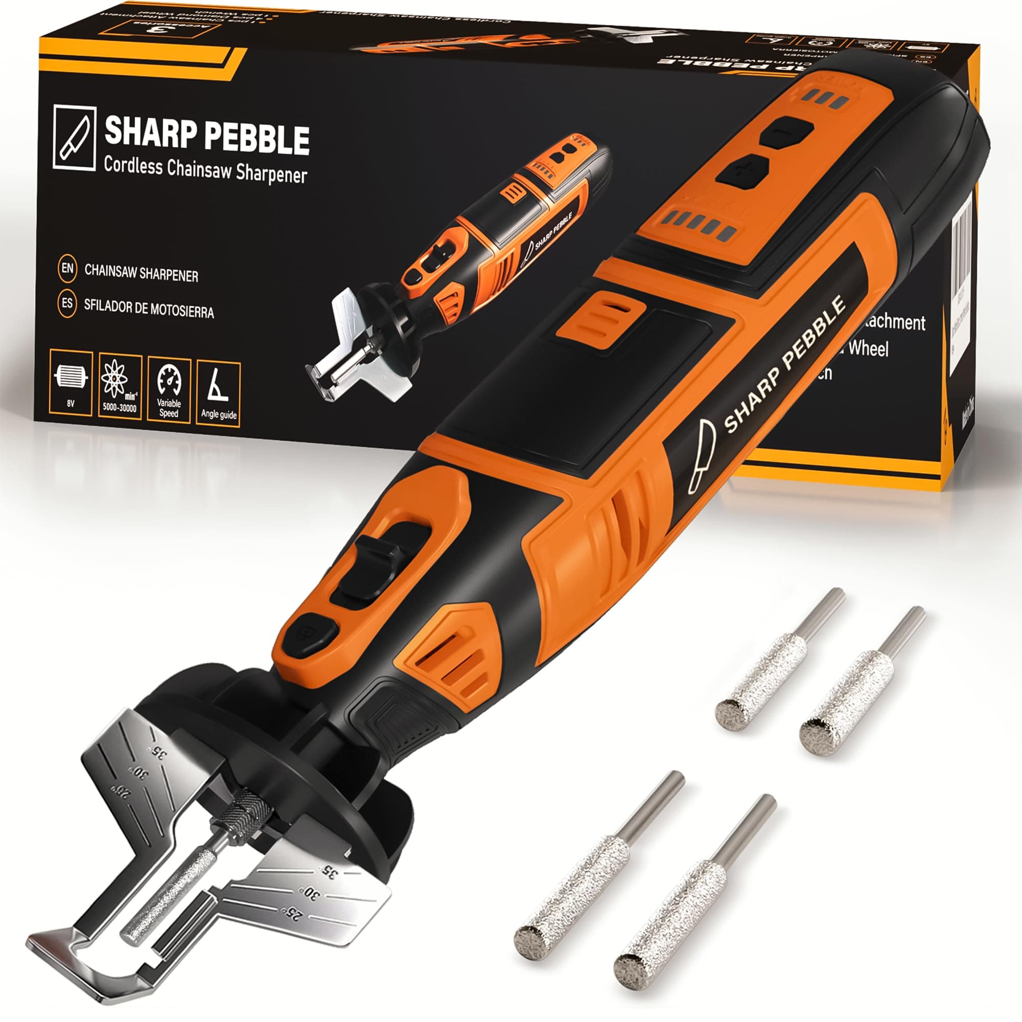 Electric Cordless Chainsaw Sharpener Kit - Comes with Chain Saw Sharpener Tool, 4 File Size Sharpening Wheels, Angle Attachment, Wrench & eBook