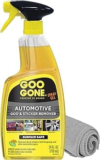 Goo Gone Automotive Adhesive Remover, Goo & Grime Cleaner for Bumper Stickers, Decals, Tree Sap, Brake Dust, Bird Droppings, Gum, Spray Paint, Asphalt, 24 oz with MicroFiber Buffing Towel