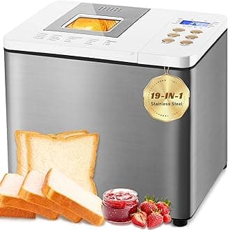 19-in-1 Smart Dual Heaters Bread Maker With Heat-Conductive Nonstick Ceramic Pan, Quiet Bread Machine with 15H Timer & 1H Keep Warm, Stainless Steel BreadMaker with French, Gluten-Free,Sourdough