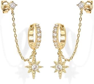 PAVOI 14K Gold Chain Earrings for Women, Cubic Zirconia Pearl Hoop Earrings for Women