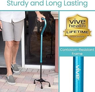 Vive Quad Cane Walking Stick Lightweight Adjustable Staff Comfortable Right And Left Hand Grip For Stability Support Four Prong Sturdy Aluminum Travel Aid 4 Tip One Size Blue