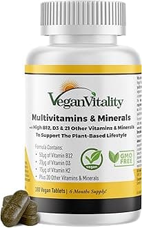 Vegan Vitality Multivitamins & Minerals for Women and Men with High Strength Vitamin B12, D3 & K2. 180 Vegan Multivitamin Tablets - 6 Months Supply. Vitamins for Vegans & Vegetarians