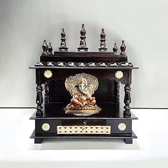 Wooden Temple Mandir Handcrafted Brass Fitted Polished Mandir Pooja Ghar Mandap for Worship Home Decor Wall Hanging
