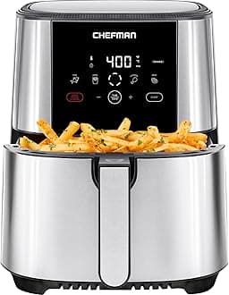 TurboFry Touch Air Fryer, Large 5-Quart Family Size, One Touch Digital Control Presets, French Fries, Chicken, Meat, Fish, Nonstick Dishwasher-Safe Parts, Automatic Shutoff, Stainless Steel