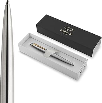 Jotter Ballpoint Pen, Stainless Steel with Golden Trim, Medium Point, Blue Ink, Gift Box - Smooth Writing, Sleek, Polished, Professional, Desk Essentials