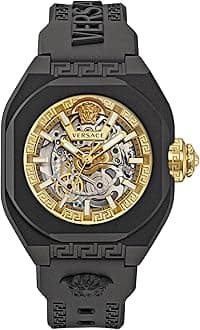 Versace V-Legend Skeleton Collection Luxury Mens Watch Timepieces with a Black Strap and Case Featuring a Gold Dial
