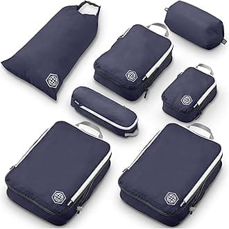 TRIPPED XL Compression Packing Cubes — 7-Piece Set for Checked Luggage | Extra-Large (15.7"×11"×4") + Large + Small + Tube + Laundry Bag | Ripstop Nylon | Navy/White