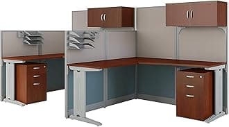 Bush Business Furniture Office in an Hour 2 Person L Shaped Cubicle Desks with Storage, Drawers, and Organizers in Hansen Cherry | Double Workstation Set with Privacy Panels for Commercial Workspace