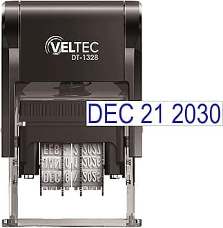 Self Inking Date Stamp with Month, Day, Year - Easy to Use & Adjust, Rubber Head, Sturdy ABS, Uniform Print, 10 Years of Dates, Refillable (Blue)