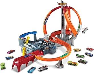 Hot Wheels Track Set with 1 Toy Car, Multi-Lane, Motorized Track with 3 Crash Zones, Spin Storm Racetrack, CDL45