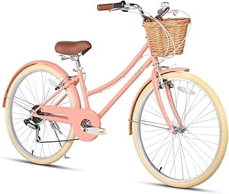 20 24 26 Inch Beach Cruiser Bike, 6-Speed Hybrid City Bicycle for Girls Youth and Over 6 Years Old, Missy Bike with Wicker Basket & Lightweight, Multiple Colors