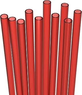 10 Short Reusable Hard Red Plastic Drinking Straws, Medium Width + Sturdy Cleaning Brush - for Cocktails, Small Cups, Kids Drinks - Dishwasher Safe BPA Free