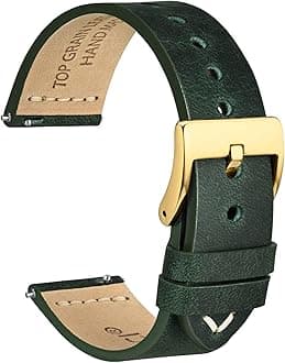 WOCCI 22mm Old-fashioned Watch Band for Men, Top Grain Leather, Golden Polished Buckle (Army Green)