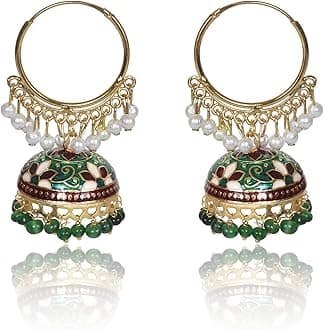 Nilu's Collection Gold Plated Chandbali Earrings with Pearls, Jhumka Style, Latest Stylish Traditional Hoop Jhumki Earrings for Women & Girls