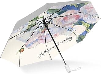 CUBY UV Sun Umbrella Compact Folding Travel Umbrella Auto Open and Close for Windproof, Rainproof & 99.9% UV Protection Parasol with Black Anti-UV Coating, Titanium Silver-Flower