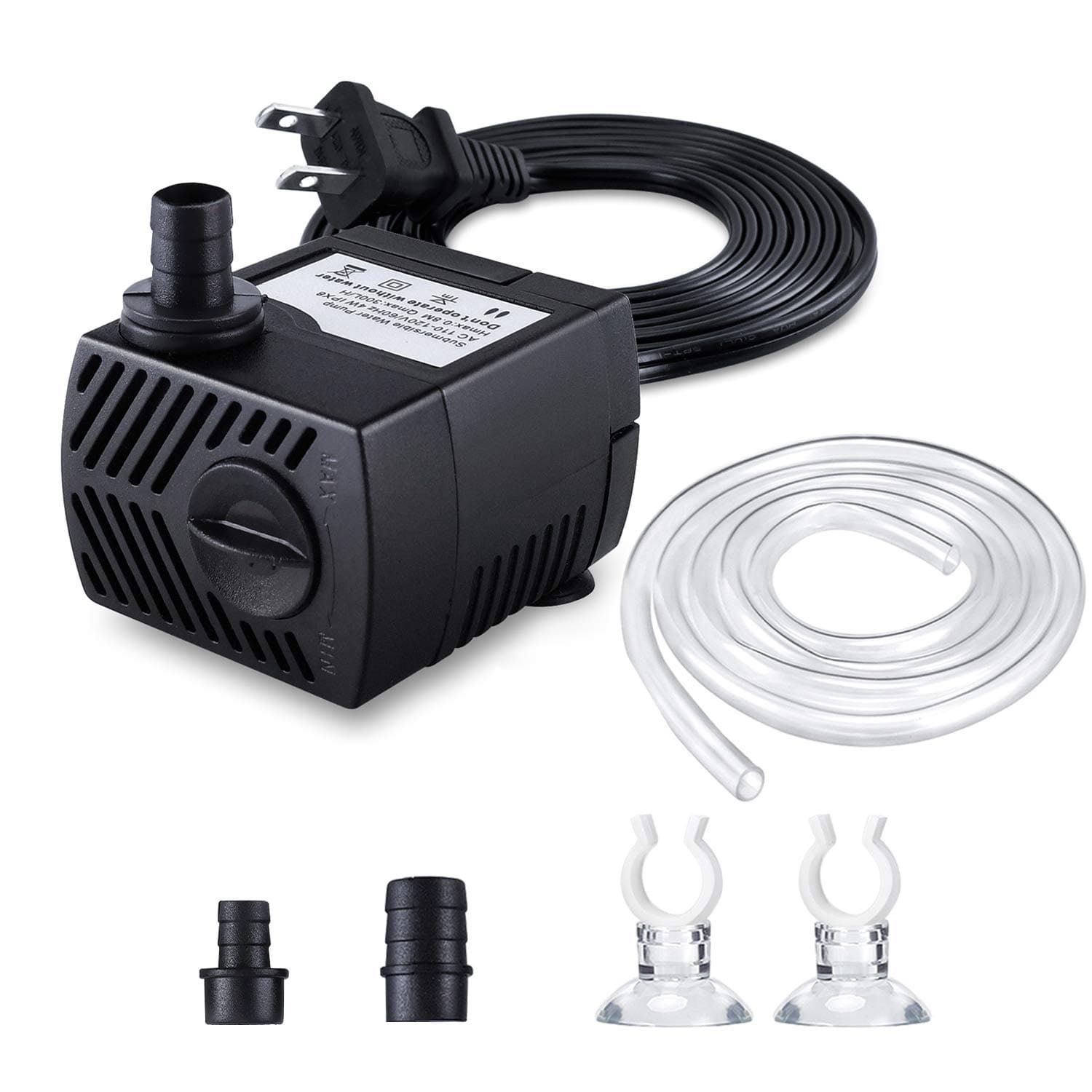 Fountain Pump, 80GPH(4W 300L/H) Submersible Water Pump, Durable Outdoor Fountain Water Pump with 4.9ft Tubing (ID x 1/3-Inch), 3 Nozzles for Aquarium, Pond, Fish Tank, Water Pump Hydroponics