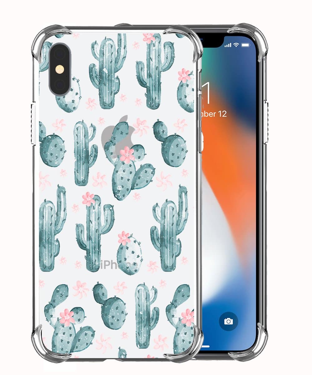 Cactus Flower Pattern Case Compatible iPhone X/XS with Dark Green Cactus TPU Soft Shockproof Cover with Bumper, Support Wireless Charging ProtectiveCactus