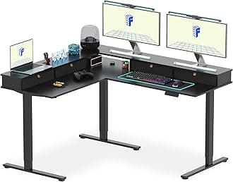 63" L Shaped Standing Desk Electric Corner Table with Monitor Shelf, 4 Storage Drawers, Adjustable Computer Workstation for Home, Office, Game, Studio, Black Top + Black Frame