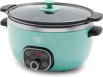 GreenLife 6 QT Ceramic Slow Cooker, PFAS-Free, Programmable, Removable Healthy Nonstick Pot for large families, Sear on Stovetop, Keep Warm, Digital Timer, Dishwasher Safe Glass Lid & Crock, Turquoise