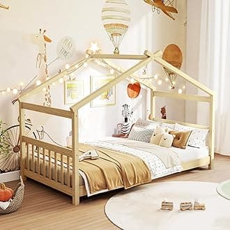 KOMFOTT Twin Floor House Bed with Headboard & Footboard, Wood Floor Bed Frame with Roof for Boys & Girls, No Box Spring Needed, Wooden Montessori Bed Twin Size