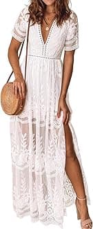Mermaid's Closet Women's Casual Off Shoulder Lace Maxi Dress Boho White Bridesmaid Wedding Evening Party Dresses