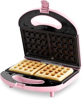 Electric Waffle Sandwich Maker, Toaster, Panini Press with Healthy Ceramic Nonstick Plates, Perfect for Tuna Melts, Crispy Rice, Grilled Cheese, LED Indicator Light, PFAS-Free, Pink