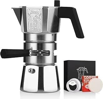 120ML/2 Cup Stovetop Espresso Maker Double Valve Moka Pot with Thermostat Extractor,Italian Espresso Moka Pot with Powder Dispenser and Filter Paper for Home,Silver