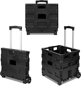 ASAB Foldable Plastic Shopping Trolley - Lightweight Teacher's Book Cart - Wheeled Folding Storage Box with Aluminium Handle, Black, 35KG,