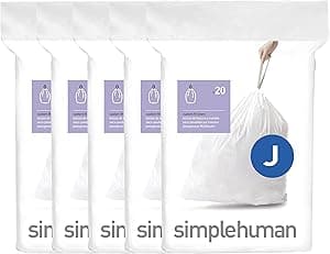simplehuman Code J 100 Count, Genuine Custom Fit Liners, Drawstring Trash Bags in Dispenser Packs, 30-45 Liter / 8-12 Gallon, White