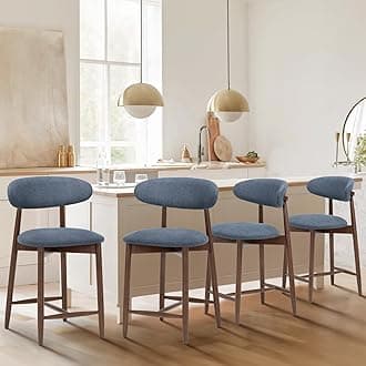 Counter Height Bar Stools Set of 4, Kitchen Bar Stools with Back, Mid Century Modern Upholstered, with Wood Legs for Kitchen Island Dining Room, Blue